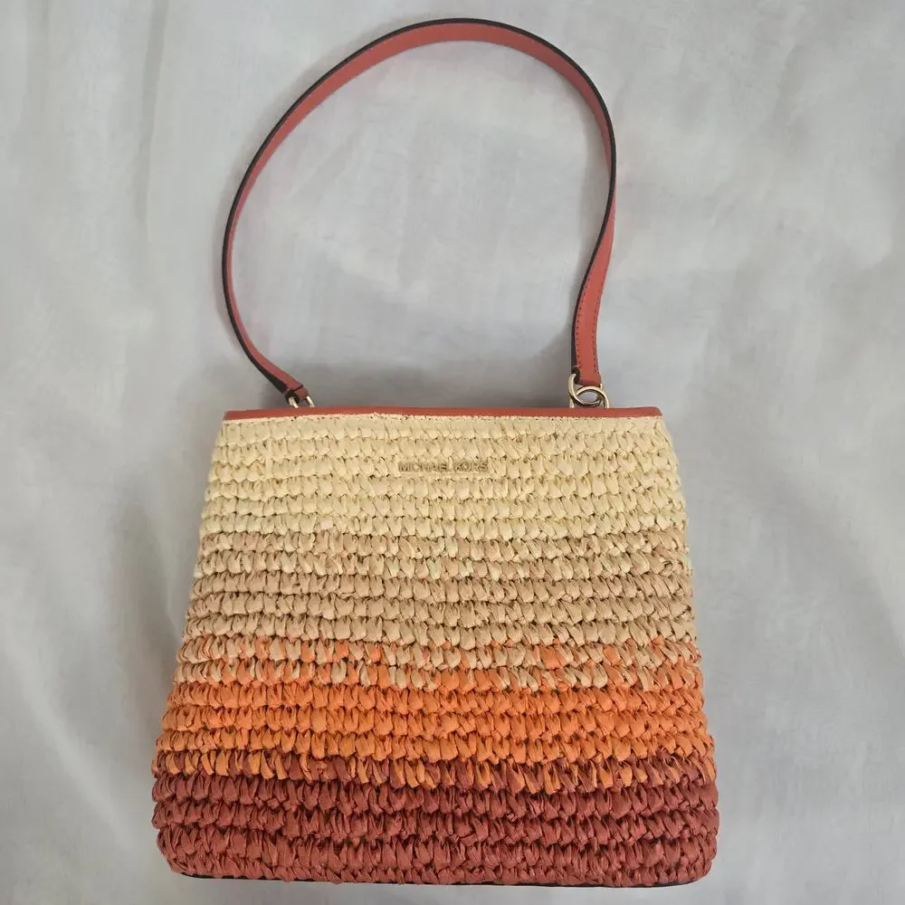 Michael Kors Pratt Medium Ombre Straw Shoulder Bag Red Clay Orange Summer Boho - Picture 4 of 15